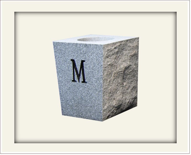 Sample of a gray square vase with a monogram on one side