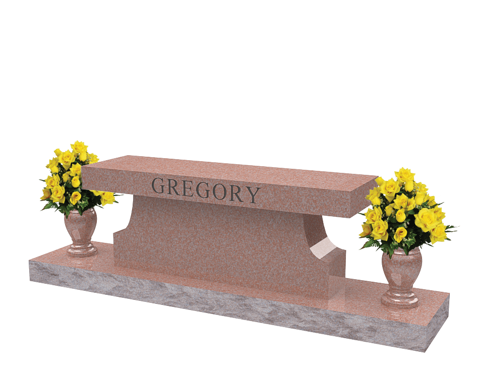 Red granite bench with family name Gregory engraved on seat and a vase on each end.