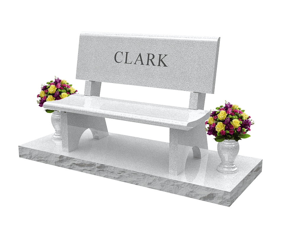 Park bench style Grey granite bench engraved with family name Clark on seat back and a vase on each end