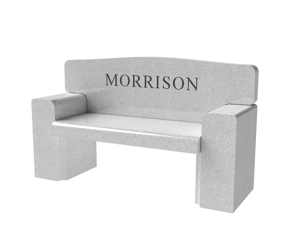 Grey couch style bench with family name Morrison engraved on seat back