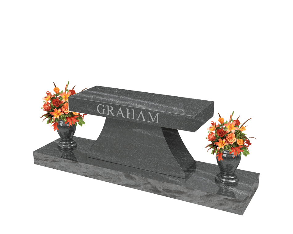 Pedestal style bench in charcoal grey granite with family name Graham engraved on seat and a vase on each end.
