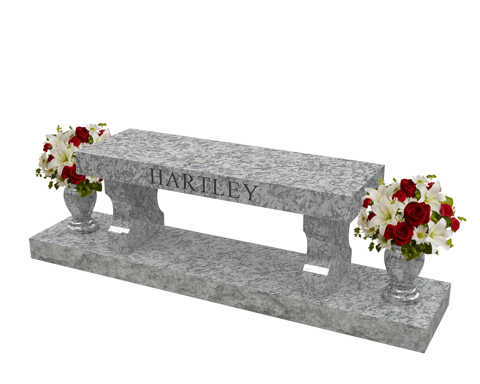 Decorative bench in grey and white marble with a vase at each end.