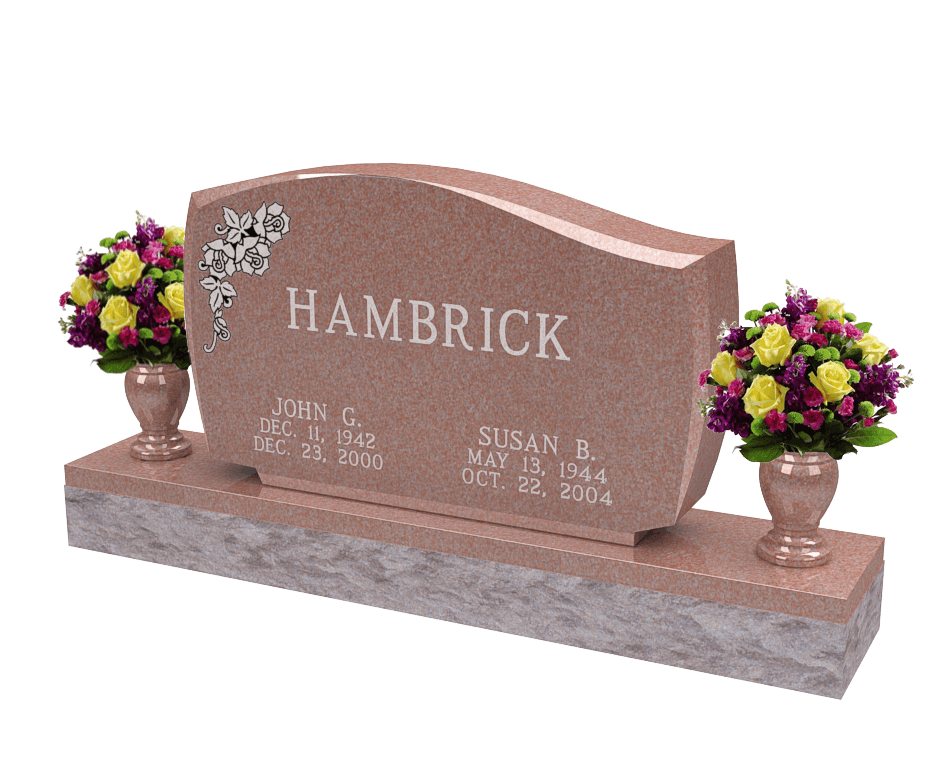 Upright companion headstone in red granite with two vases