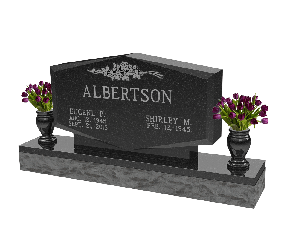 Upright companion headstone with sharp corners and two vases in black granite