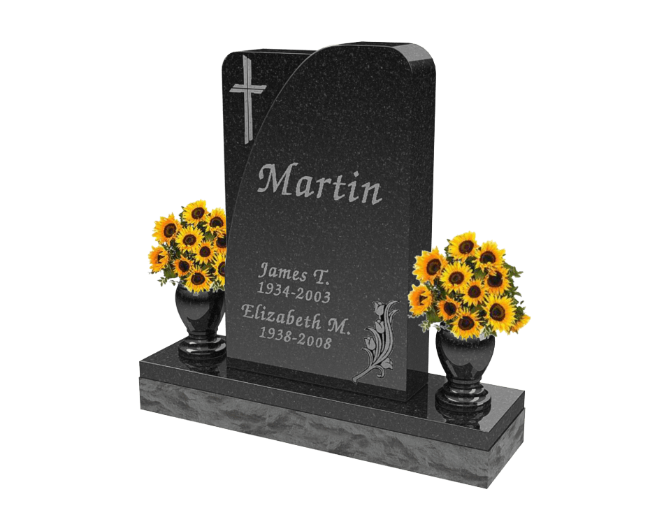 Single upright headstone in black granite with two vases 
