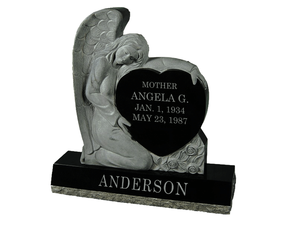Single upright headstone featuring a carved angel holding a heart 