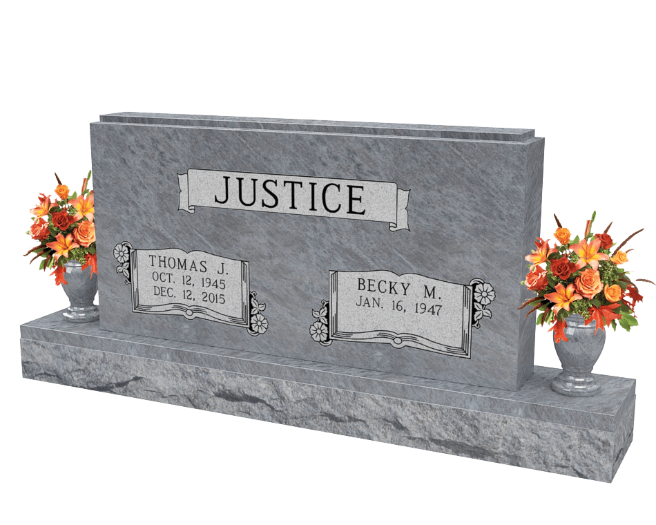 Companion upright headstone in grey granite with two vases