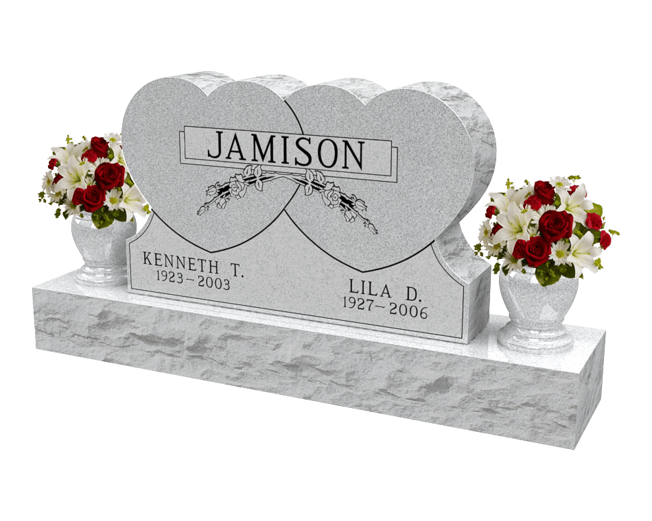 Upright companion heart-shaped headstone in grey granite with two vases