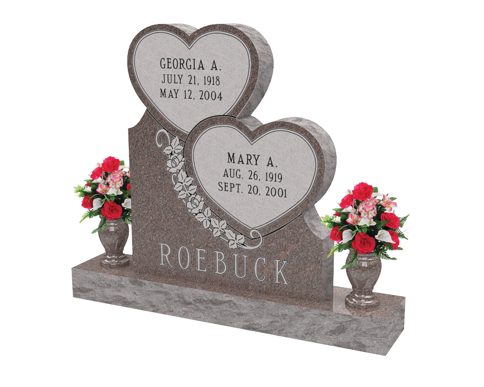 Companion upright memorial shaped as two cascading hearts Vintage Red granite featuring two vases