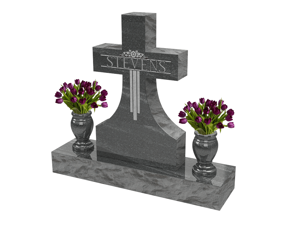Single upright memorial shaped as a cross in Jet Black granite featuring two vases