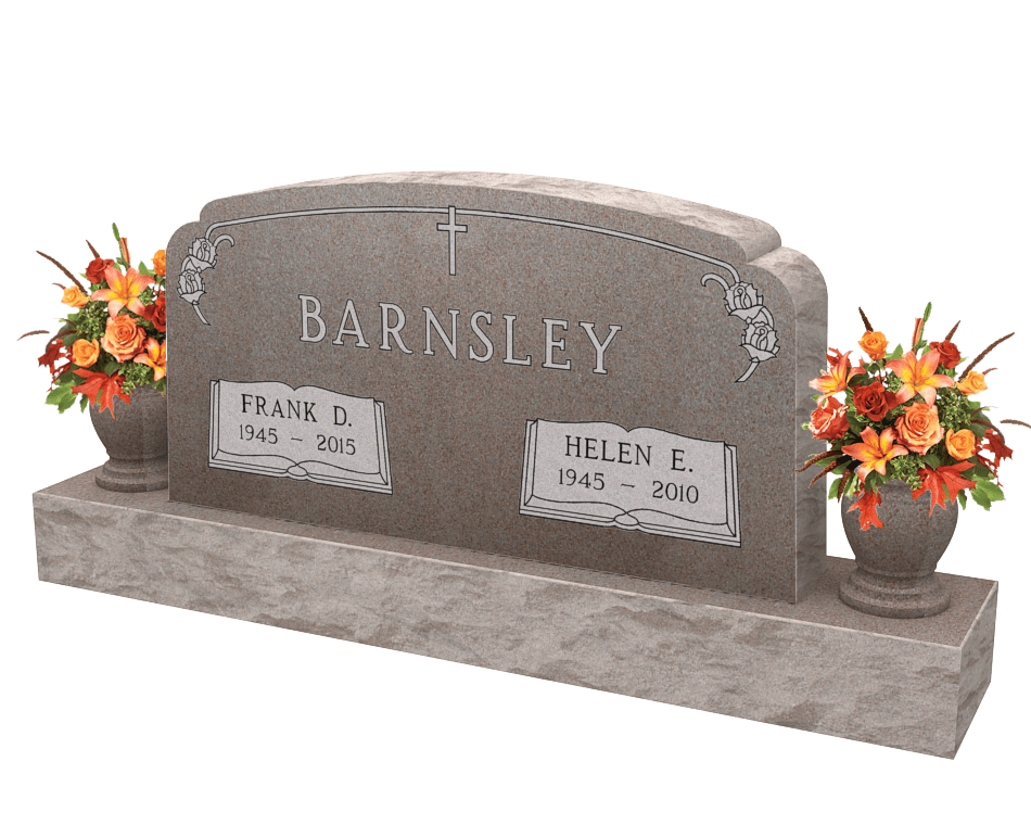 Companion memorial with rounded top and two vases done in darker granite