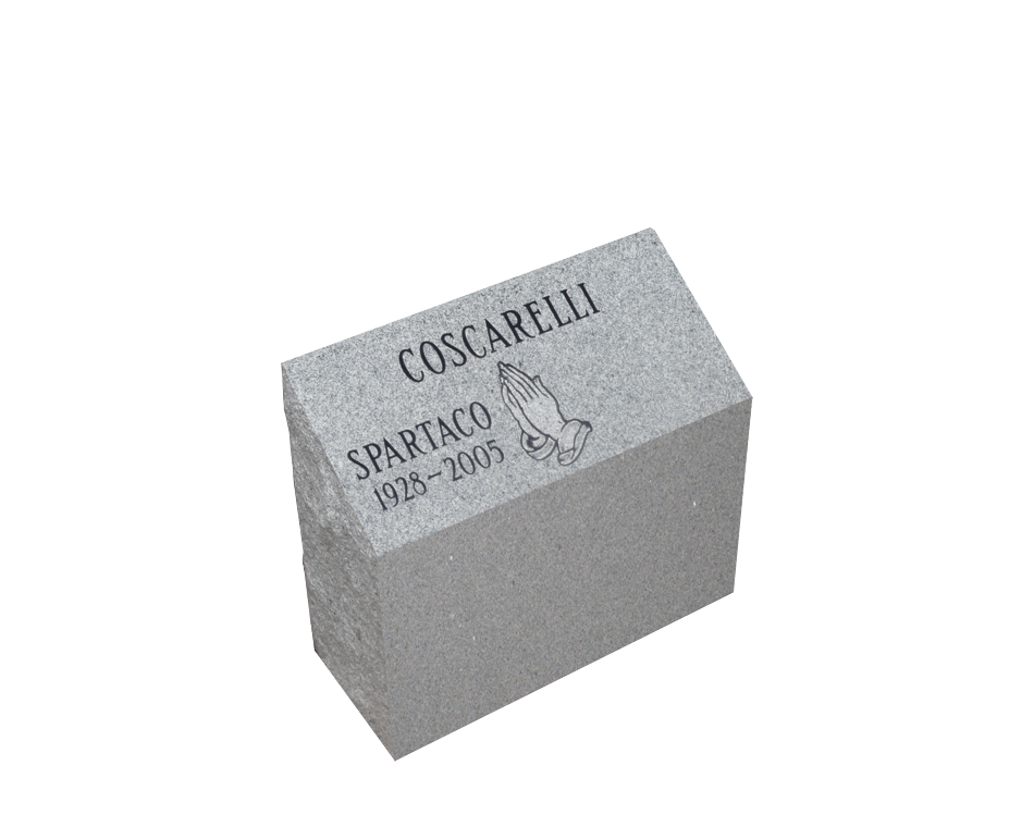 small light grey rectangular cremation memorial with slanted top engraved with praying hands and name information