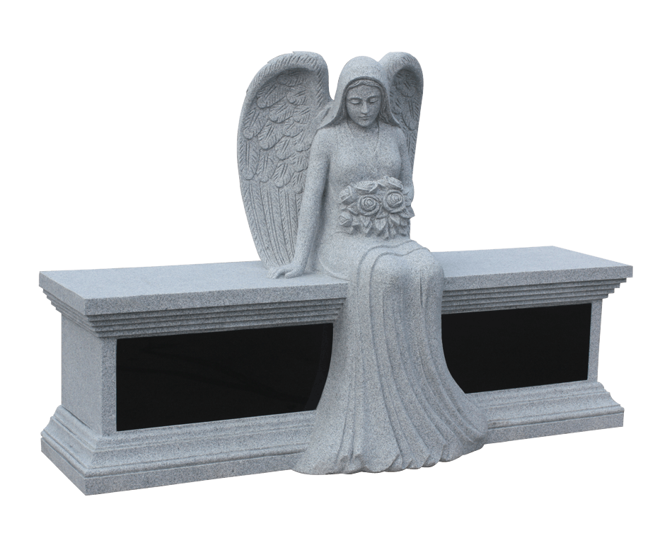 Grey stone pedestal style bench with a life-size angel statue seated in the center