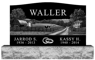 Upright memorial in black stone with an etched image of a farm scene